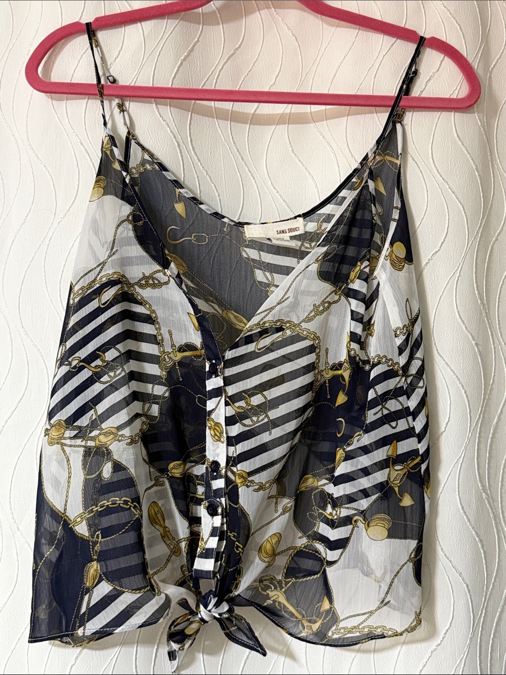 Sans Souci Navy, White & Gold Chain-Print Tie-Front Camisole Y2K